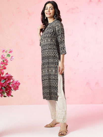 Women Black Ethnic Motifs Printed A-Line Kurta with Bead Detail