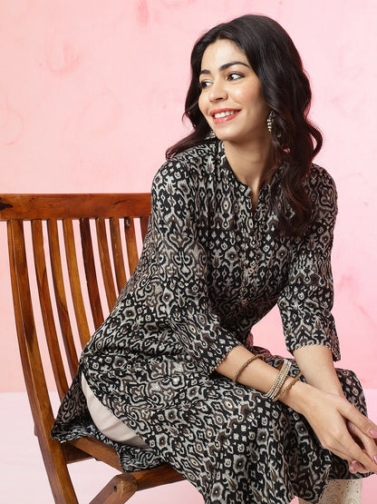Women Black Ethnic Motifs Printed A-Line Kurta with Bead Detail