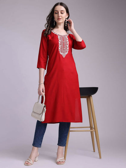 Women Red & White Floral Printed Casual Straight Kurta