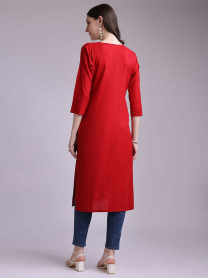 Women Red & White Floral Printed Casual Straight Kurta