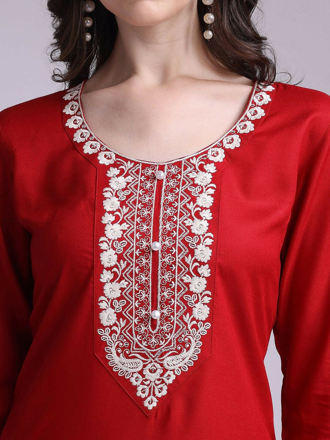 Women Red & White Floral Printed Casual Straight Kurta