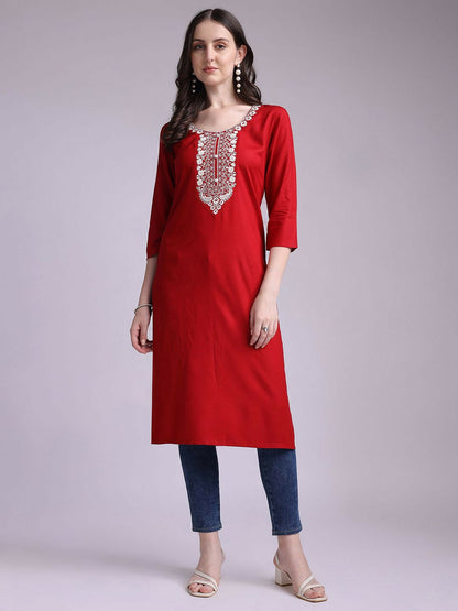 Women Red & White Floral Printed Casual Straight Kurta