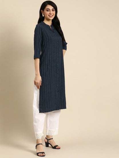 Women Navy Blue Geometric Woven Design Kurta
