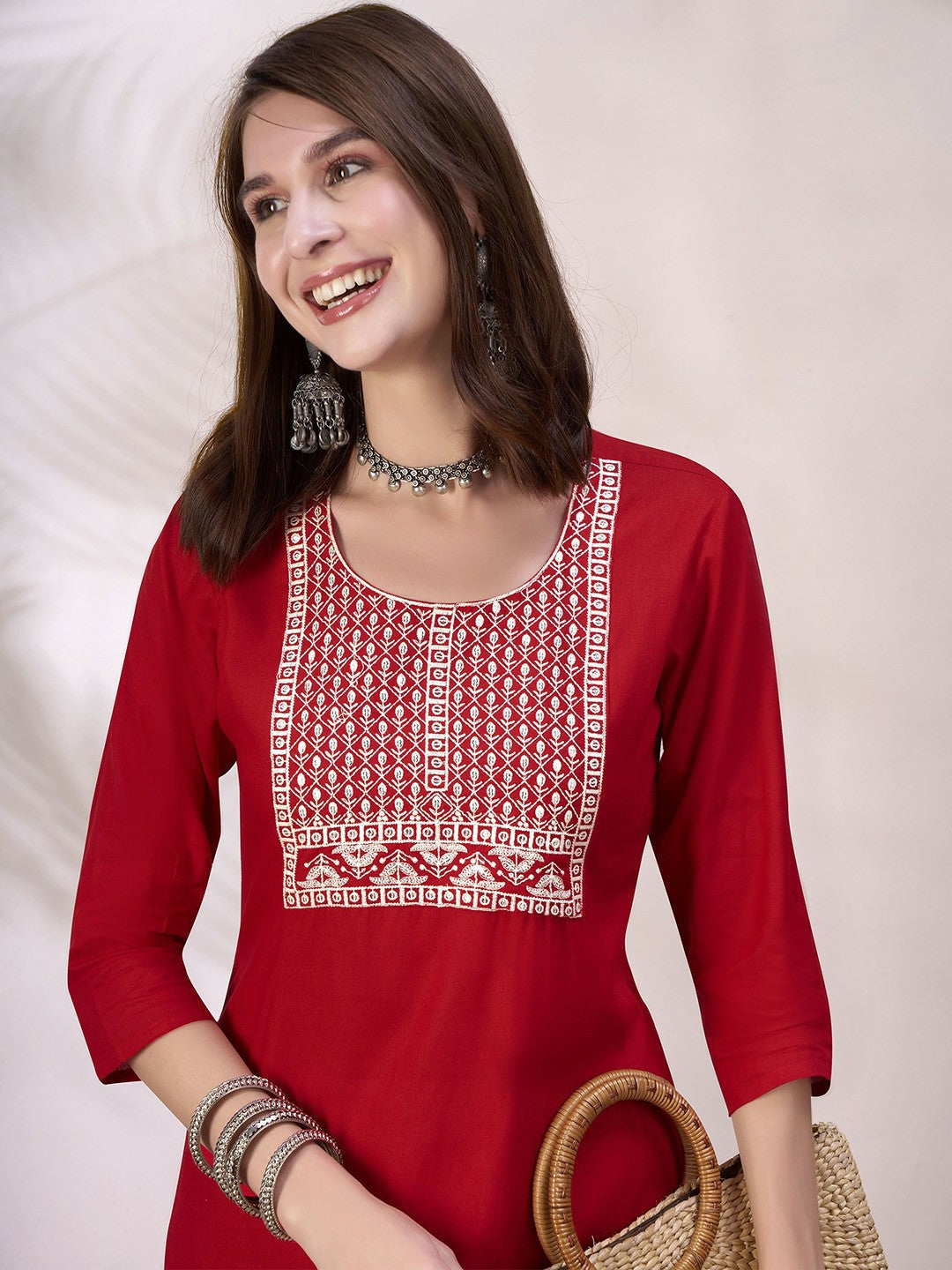 Women Red Embroidered Straight Kurta