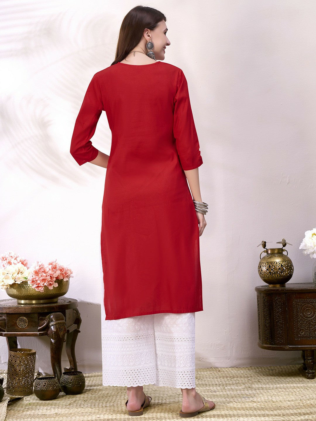 Women Red Embroidered Straight Kurta