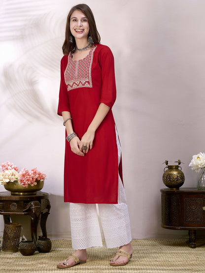 Women Red Embroidered Straight Kurta