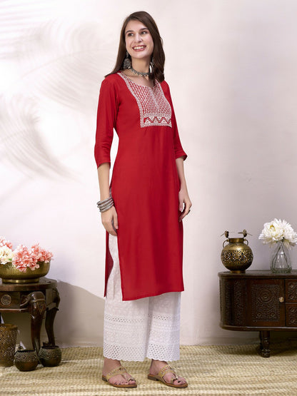 Women Red Embroidered Straight Kurta
