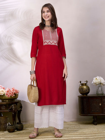 Women Red Embroidered Straight Kurta