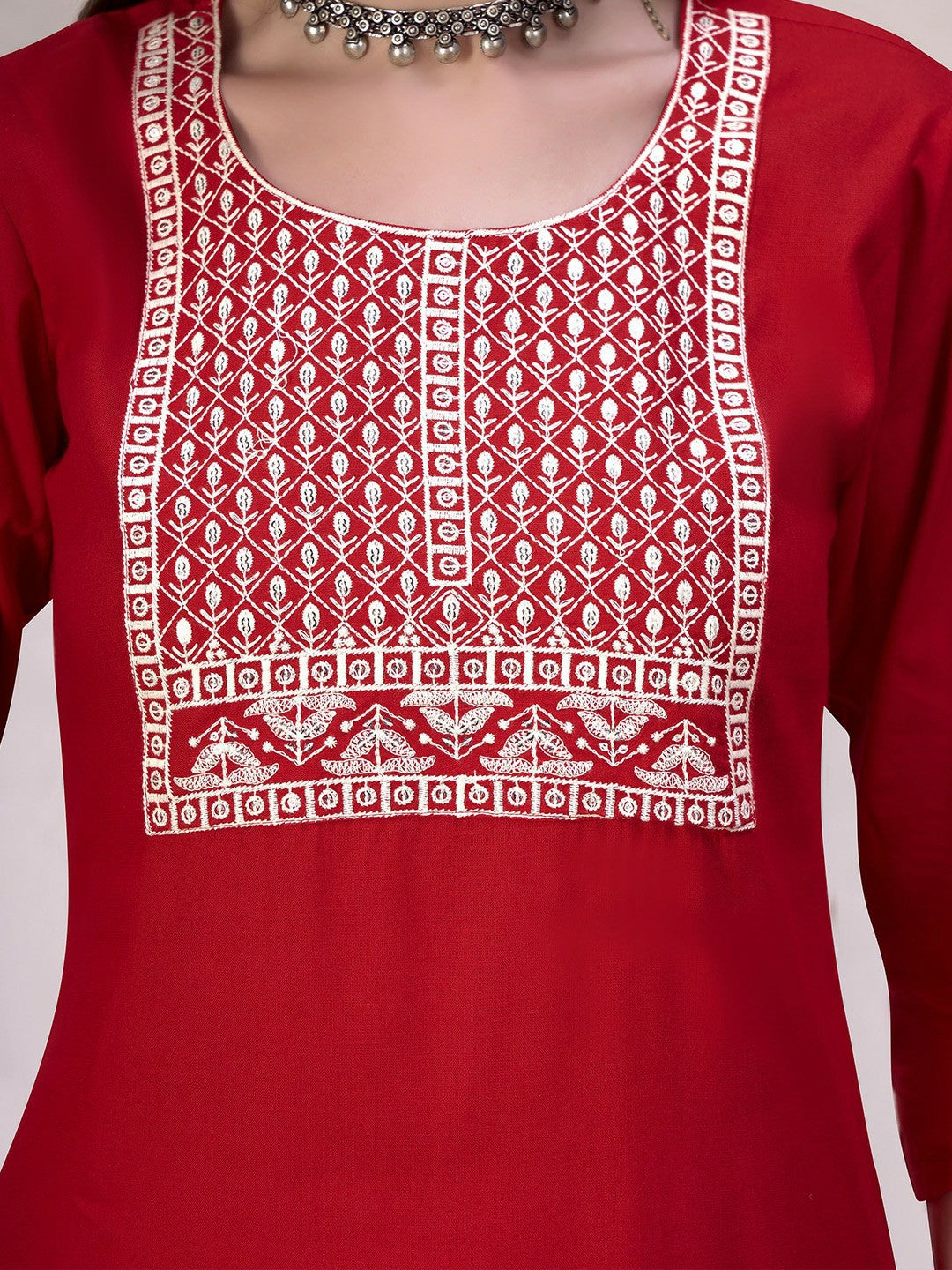 Women Red Embroidered Straight Kurta