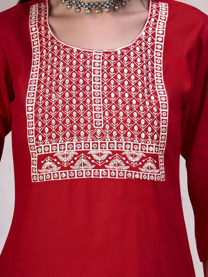 Women Red Embroidered Straight Kurta