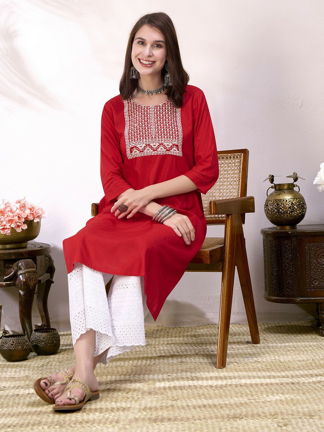 Women Red Embroidered Straight Kurta