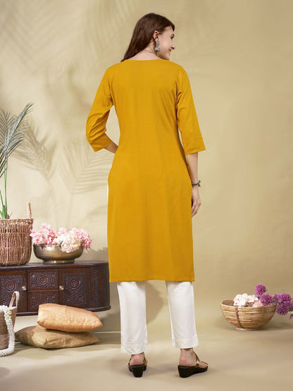 Women Yellow Rustic Embroidered Straight Kurta