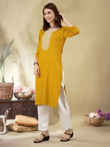 Women Yellow Rustic Embroidered Straight Kurta