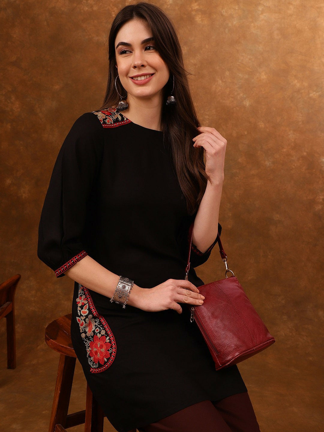 Black & Red Ethnic Motifs Embroidered A-Line Kurta