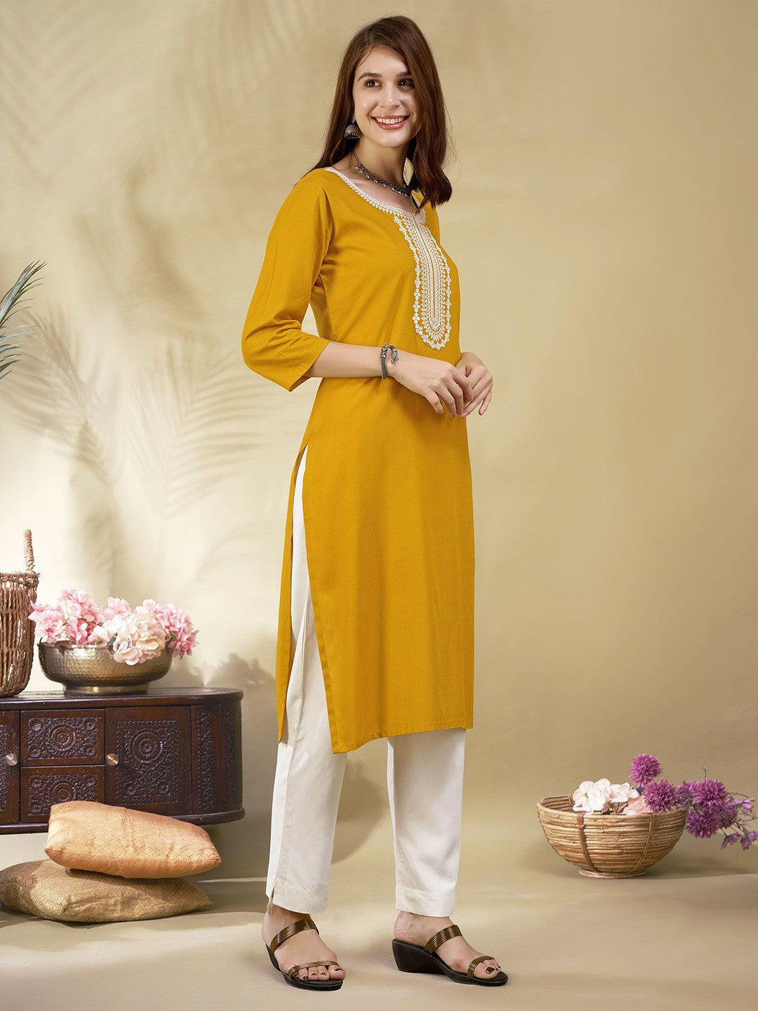 Women Yellow Rustic Embroidered Straight Kurta