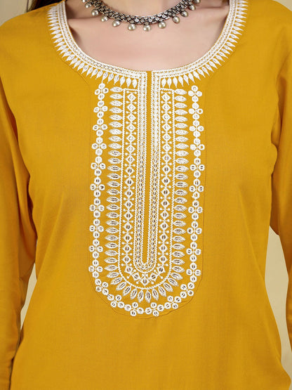 Women Yellow Rustic Embroidered Straight Kurta