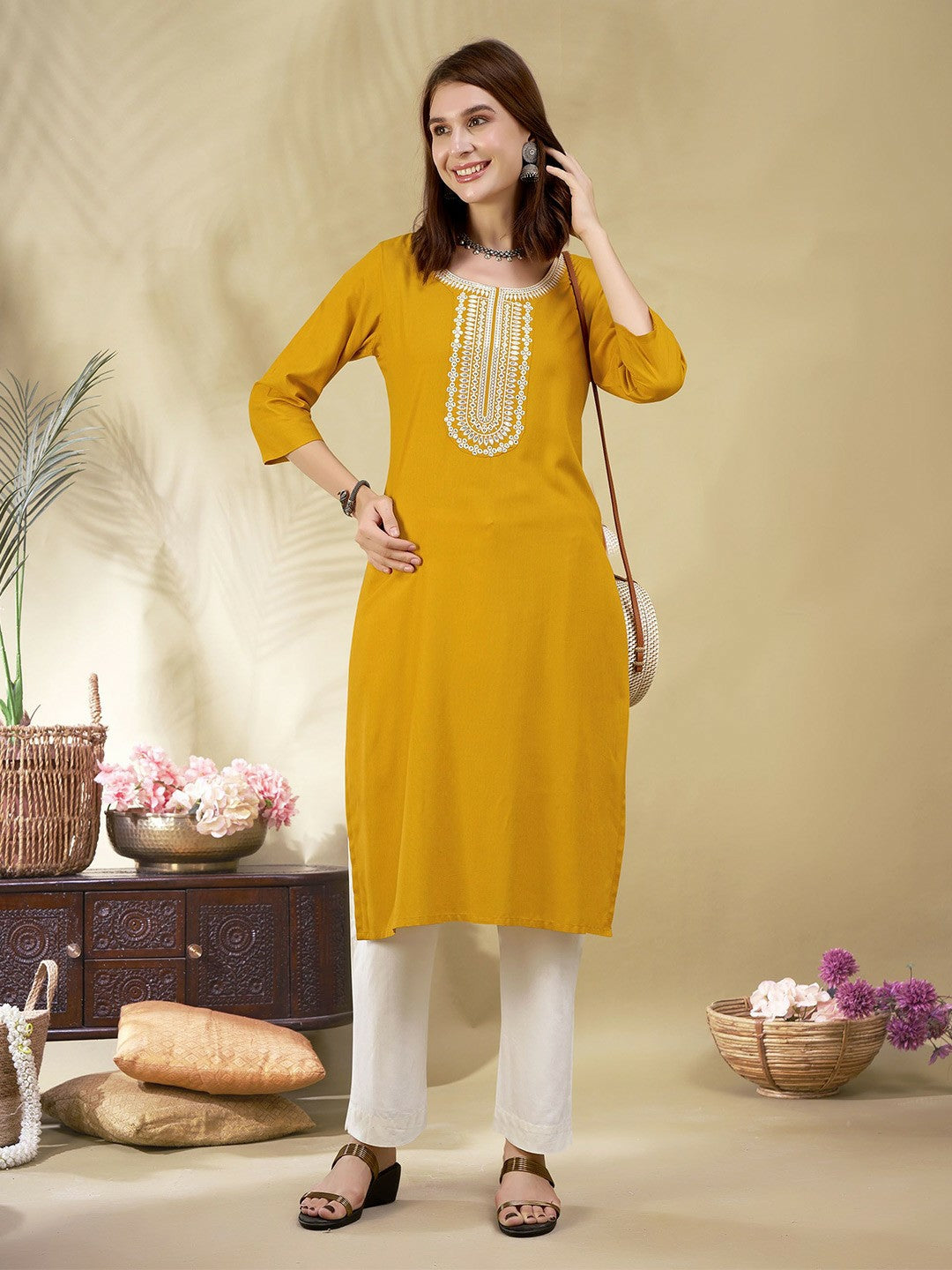 Women Yellow Rustic Embroidered Straight Kurta