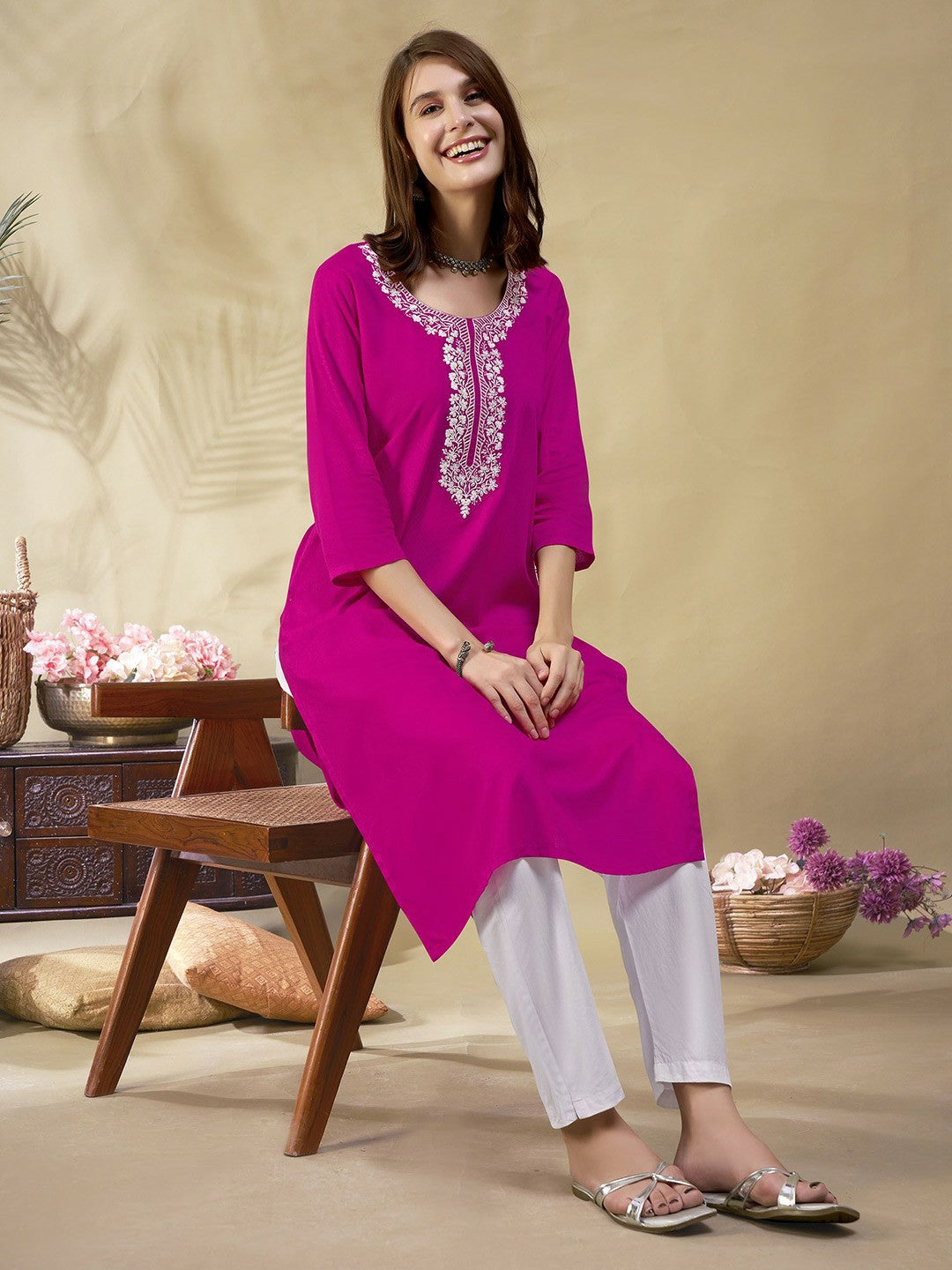 Pink Embroidered Straight Kurta