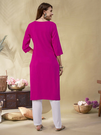 Pink Embroidered Straight Kurta