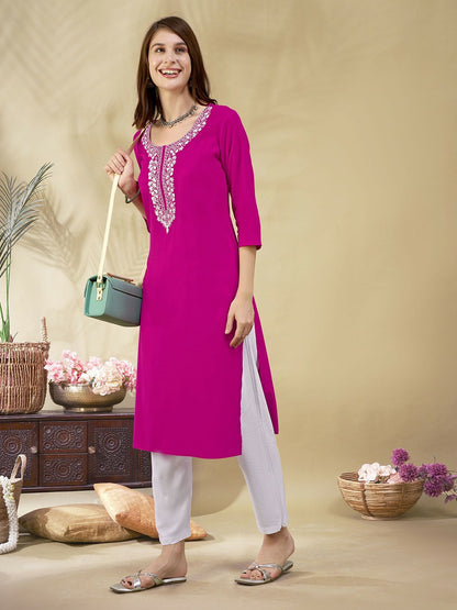 Pink Embroidered Straight Kurta