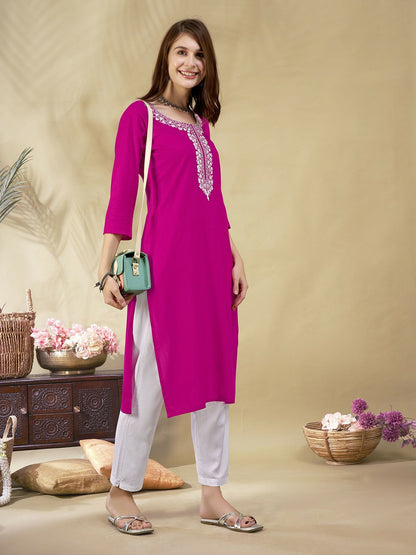 Pink Embroidered Straight Kurta