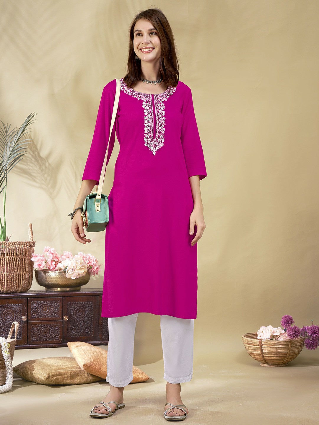 Pink Embroidered Straight Kurta