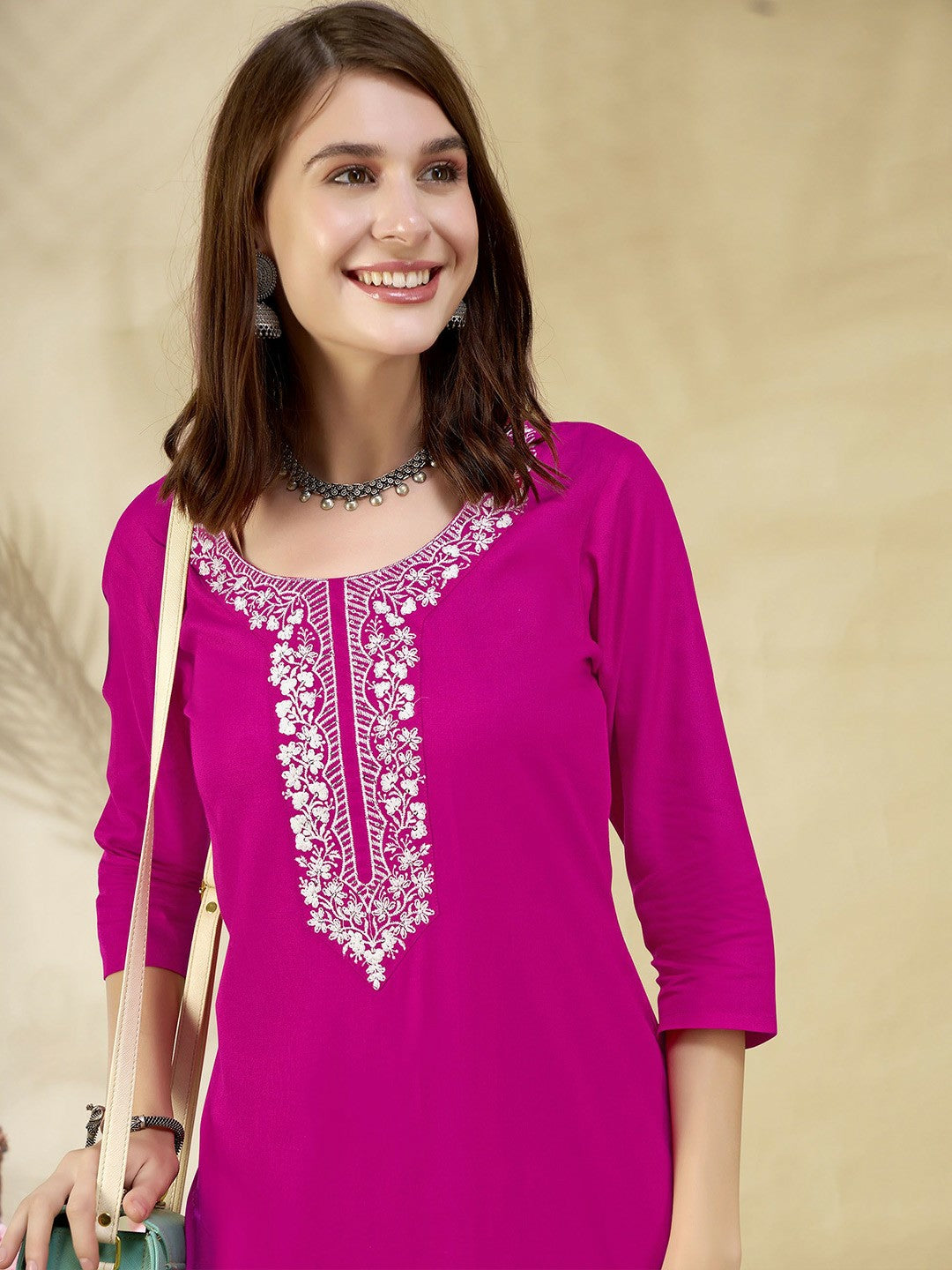 Pink Embroidered Straight Kurta