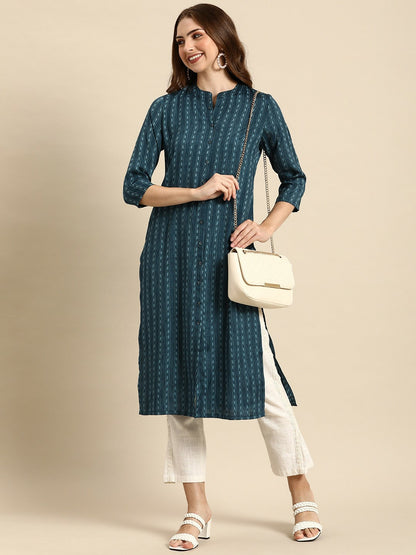 Blue Striped Mandarin Collar Straight Kurta