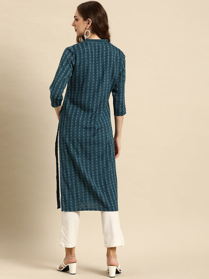 Blue Striped Mandarin Collar Straight Kurta