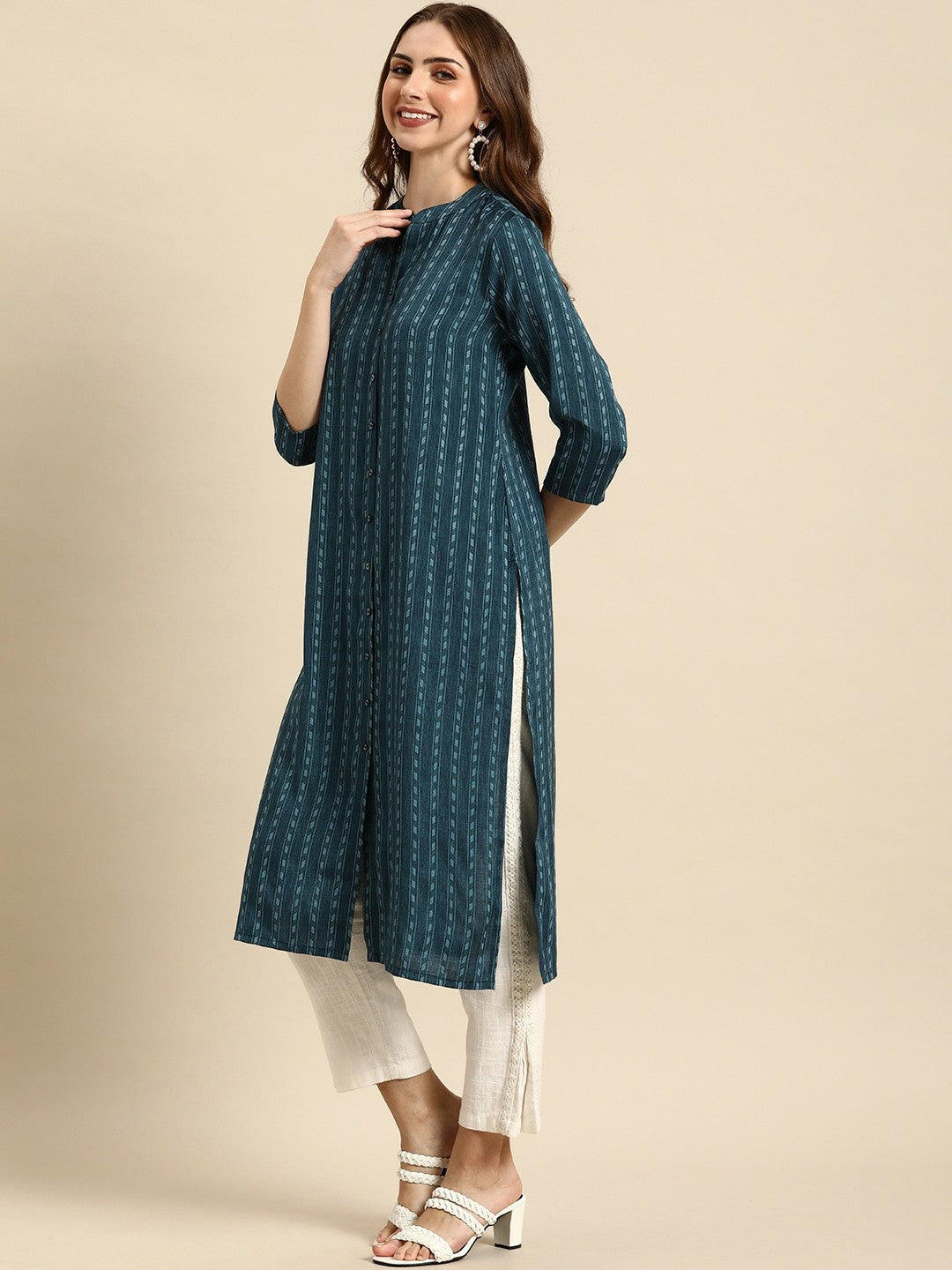 Blue Striped Mandarin Collar Straight Kurta