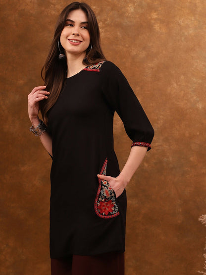 Black & Red Ethnic Motifs Embroidered A-Line Kurta