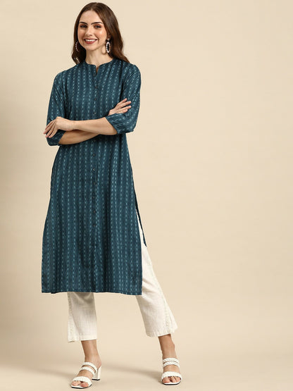 Blue Striped Mandarin Collar Straight Kurta