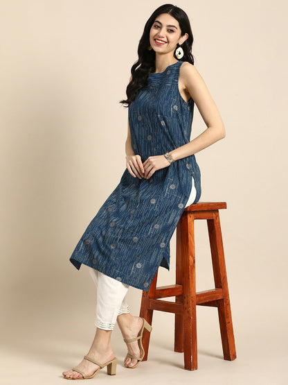 Blue Floral Printed Sleeveless Cotton Kurta