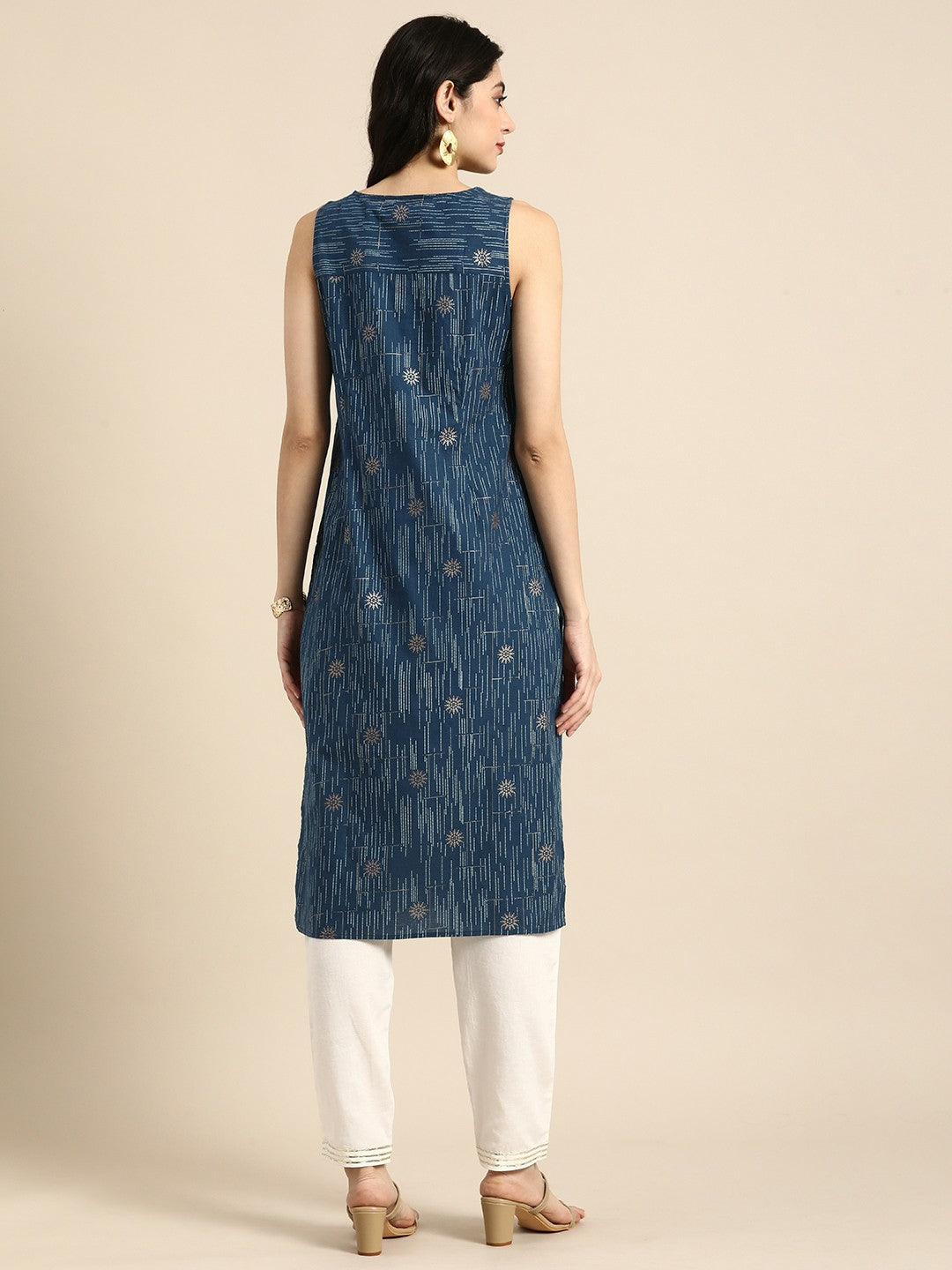 Blue Floral Printed Sleeveless Cotton Kurta