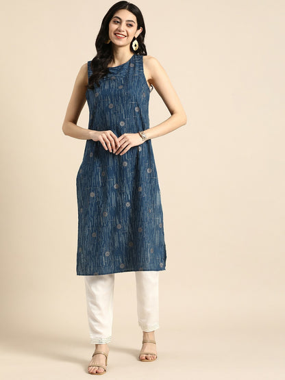 Blue Floral Printed Sleeveless Cotton Kurta