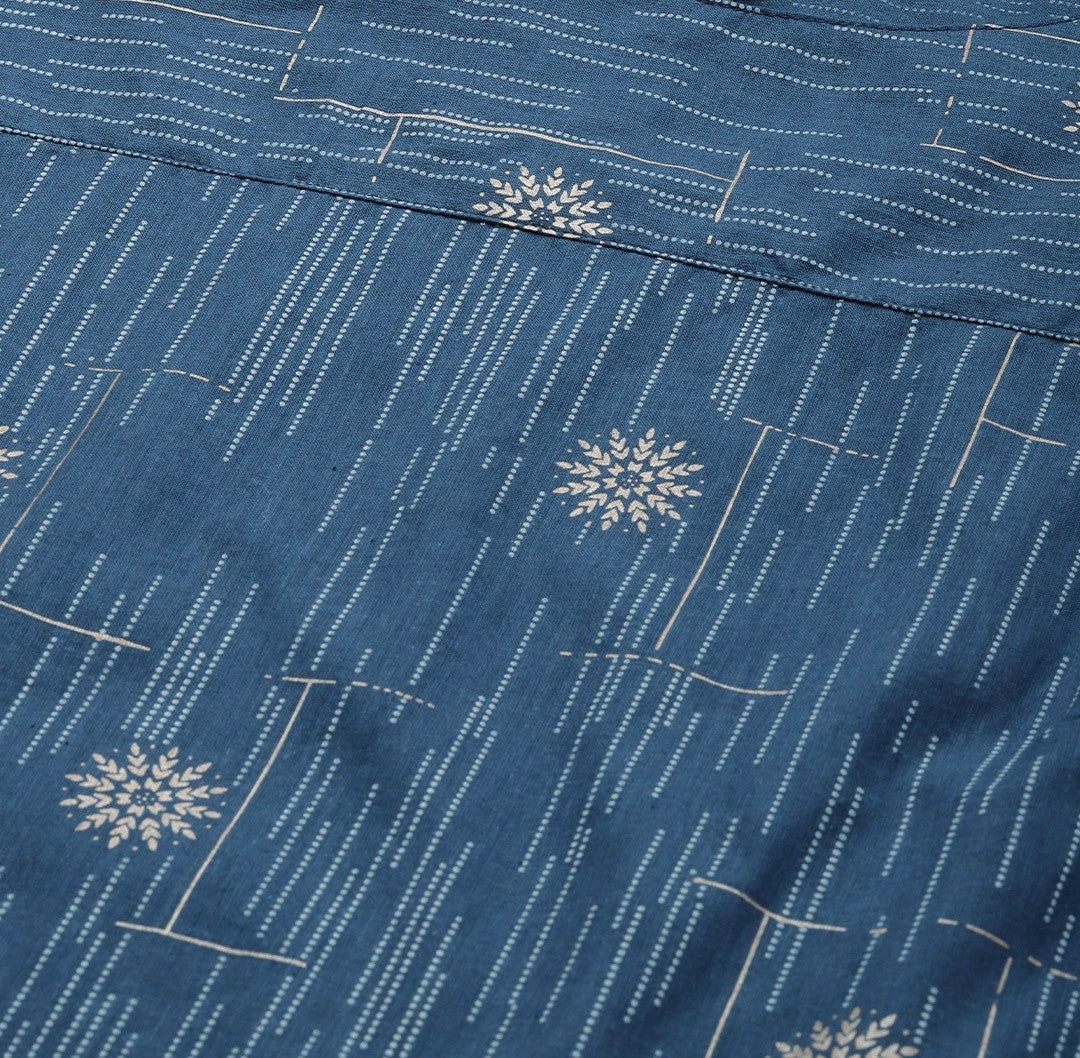 Blue Floral Printed Sleeveless Cotton Kurta