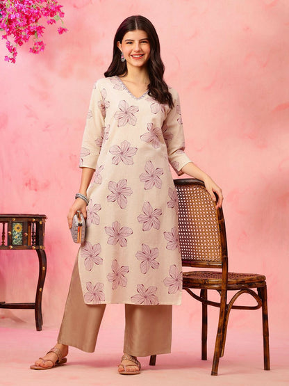 Floral Printed V-Neck Cotton Straight Kurta
