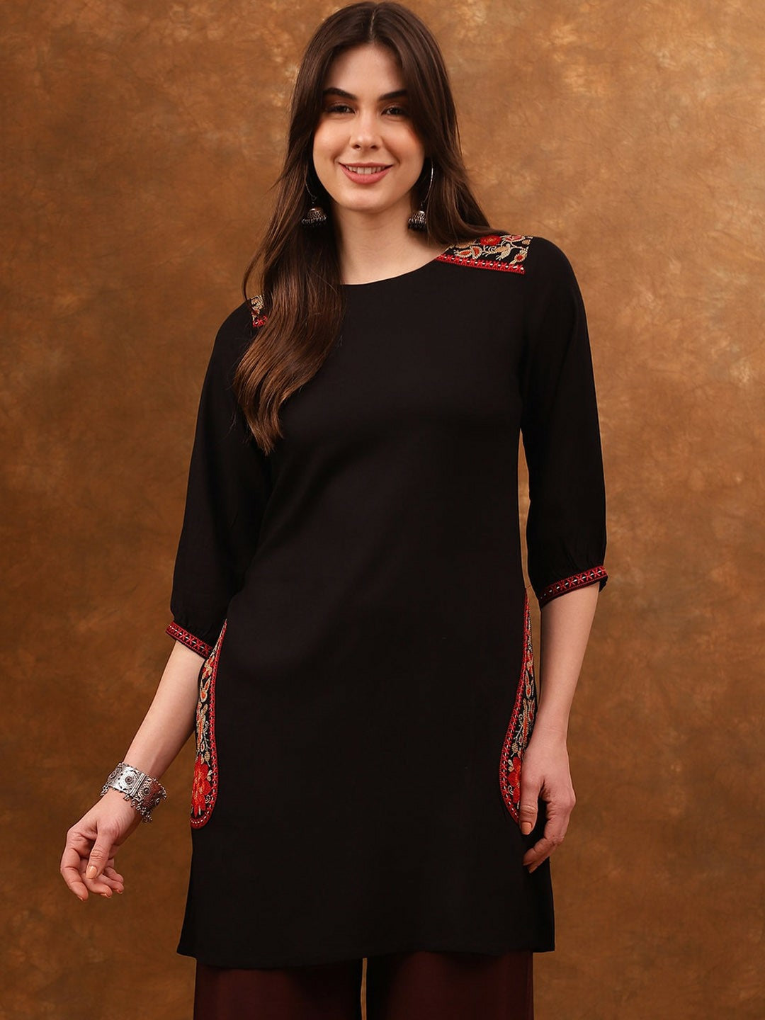 Black & Red Ethnic Motifs Embroidered A-Line Kurta