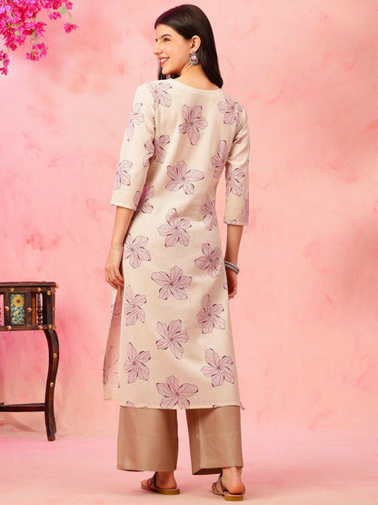 Floral Printed V-Neck Cotton Straight Kurta