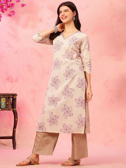 Floral Printed V-Neck Cotton Straight Kurta