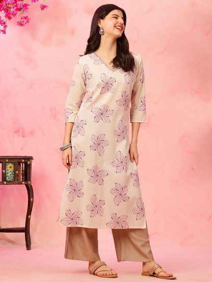 Floral Printed V-Neck Cotton Straight Kurta