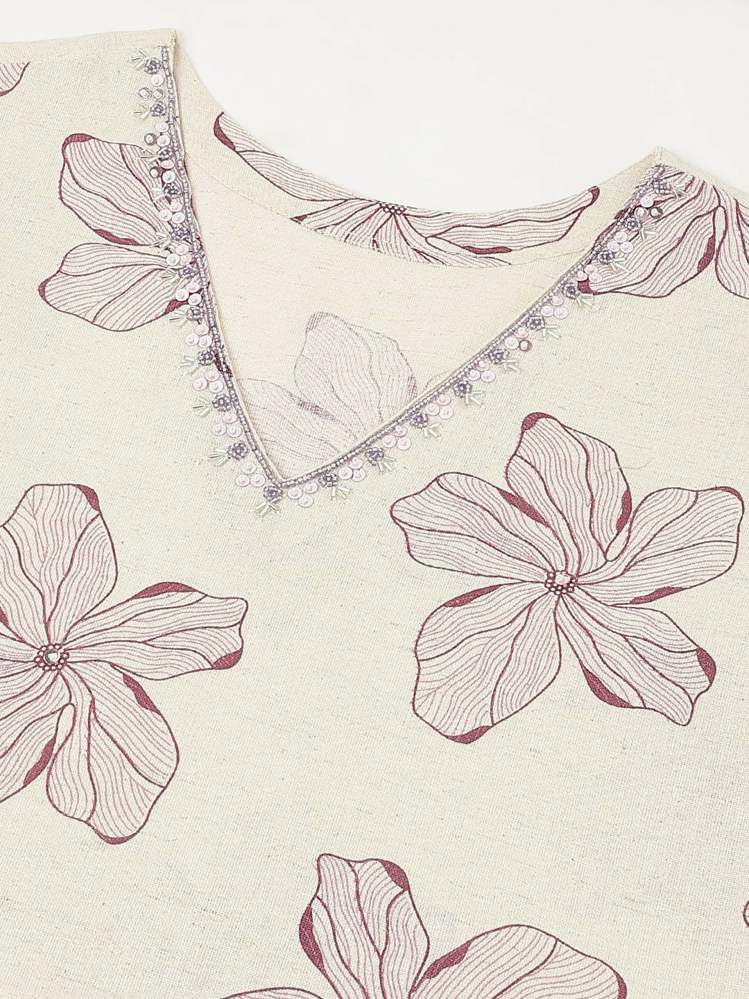 Floral Printed V-Neck Cotton Straight Kurta