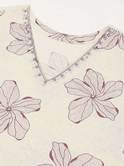 Floral Printed V-Neck Cotton Straight Kurta