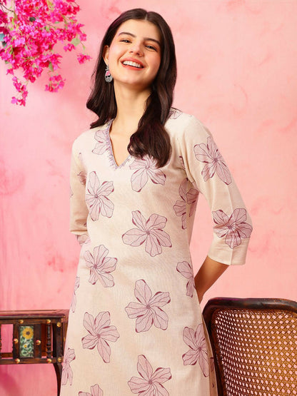 Floral Printed V-Neck Cotton Straight Kurta