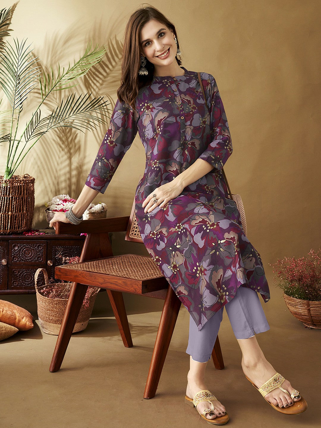 Fuchsia & Purple Floral Printed Band Collar Chanderi Silk Straight Kurta
