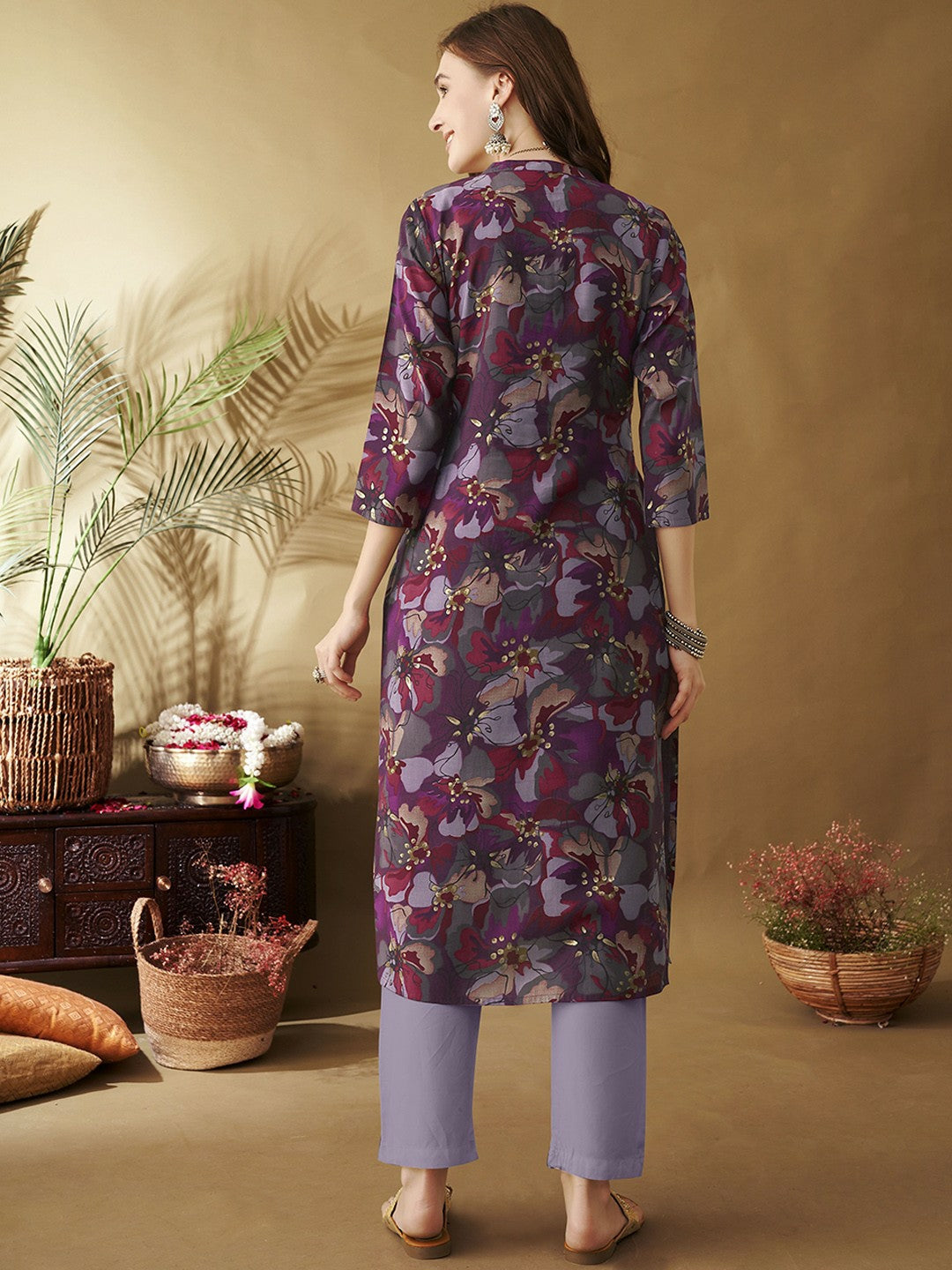 Fuchsia & Purple Floral Printed Band Collar Chanderi Silk Straight Kurta