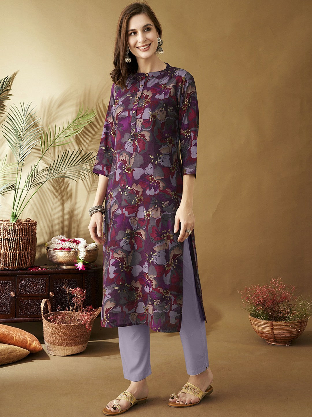 Fuchsia & Purple Floral Printed Band Collar Chanderi Silk Straight Kurta