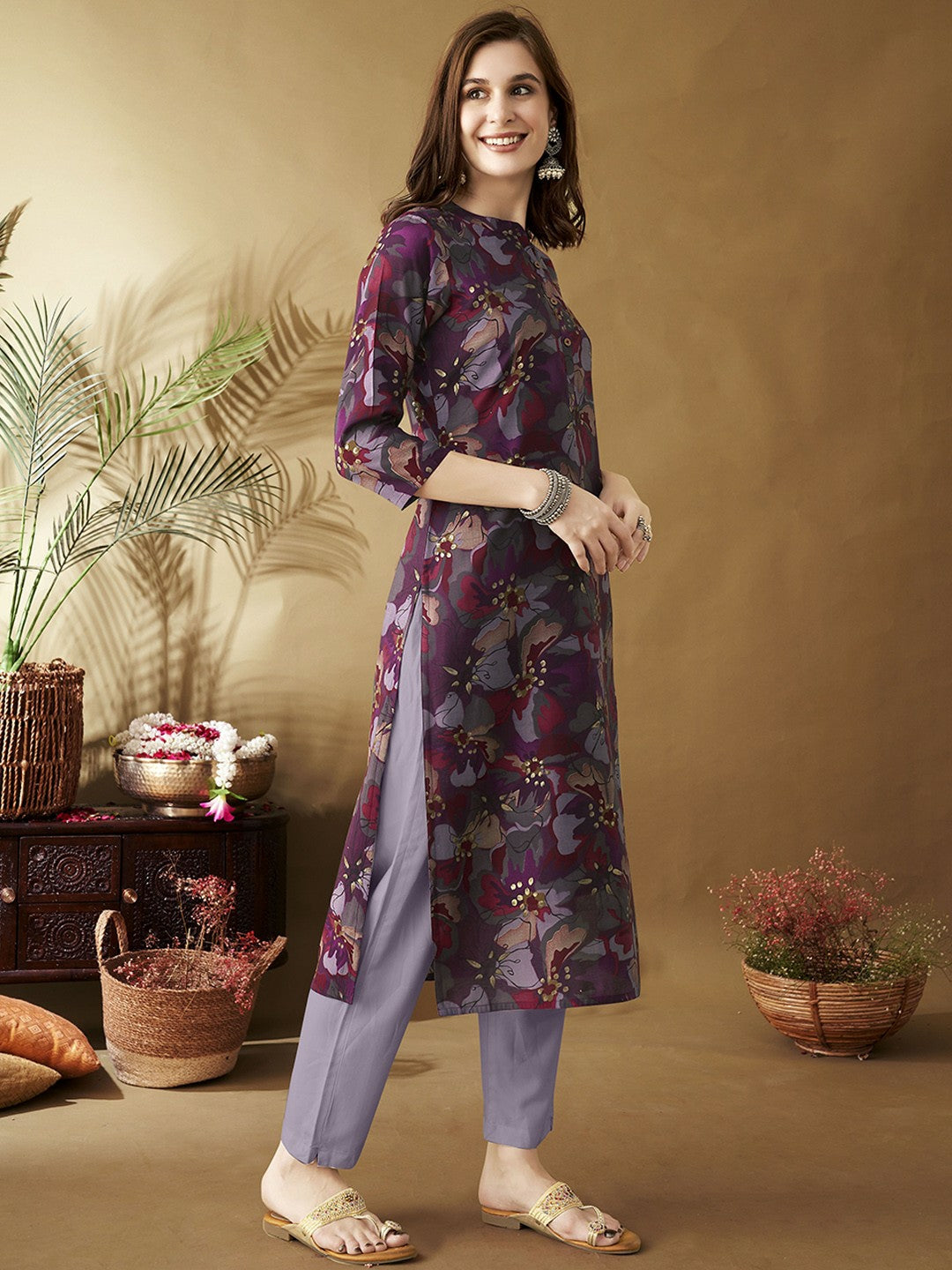 Fuchsia & Purple Floral Printed Band Collar Chanderi Silk Straight Kurta
