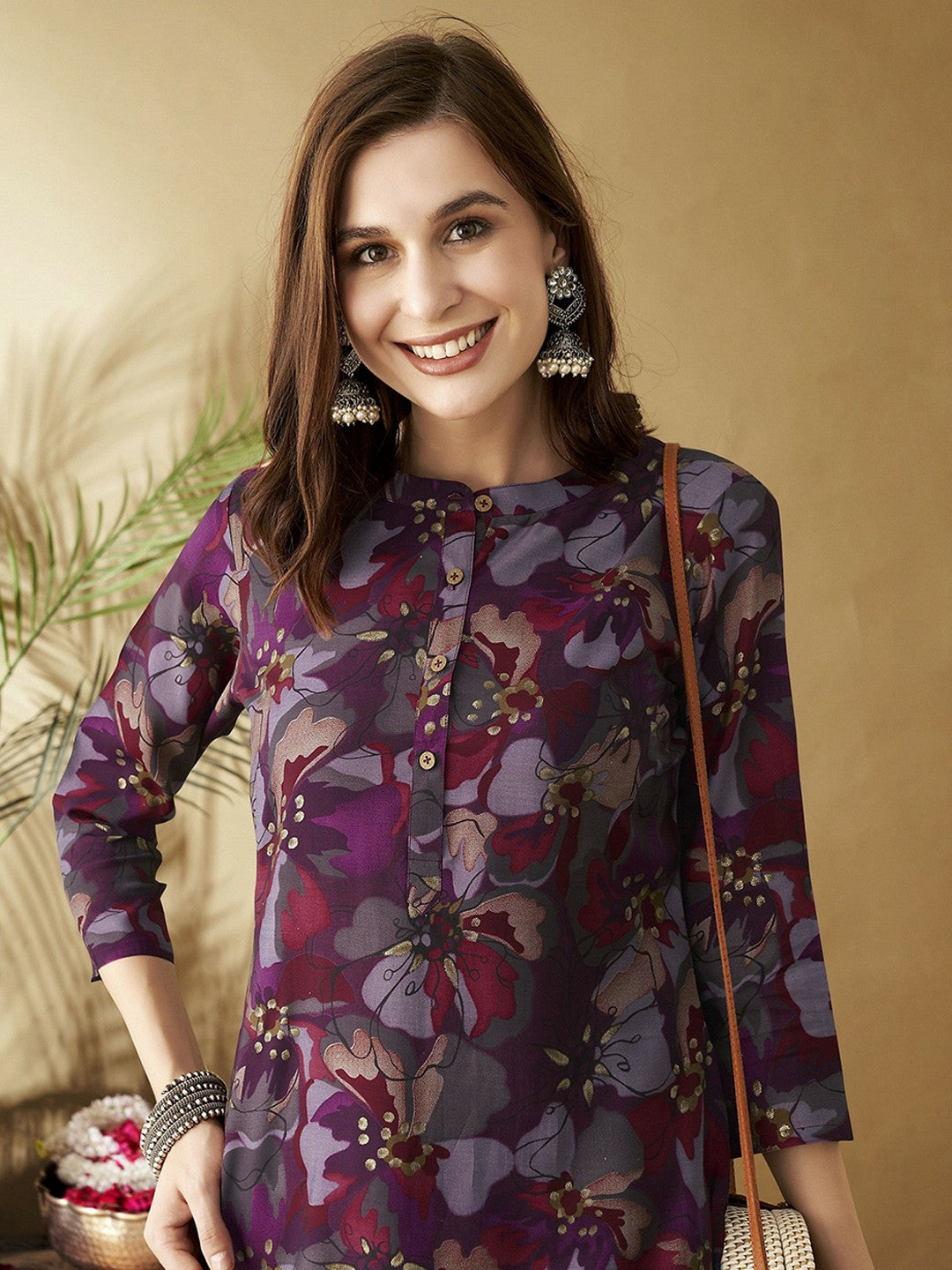 Fuchsia & Purple Floral Printed Band Collar Chanderi Silk Straight Kurta