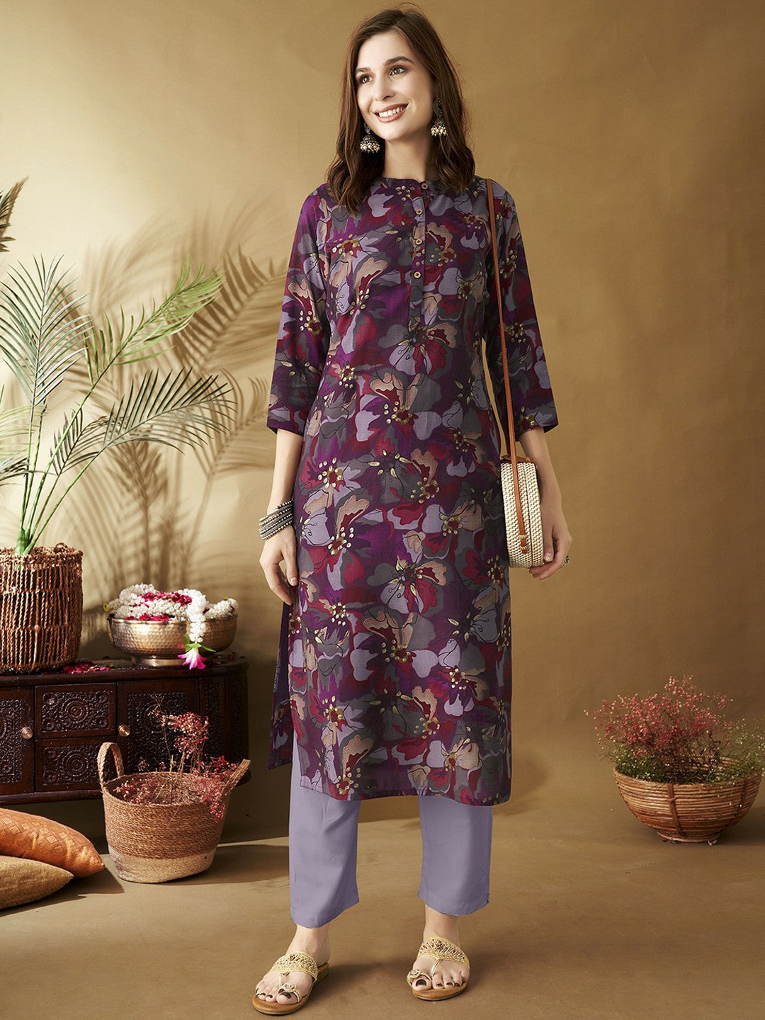 Fuchsia & Purple Floral Printed Band Collar Chanderi Silk Straight Kurta